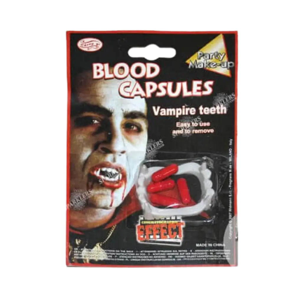 Vampire kit with dentures and fake blood capsules