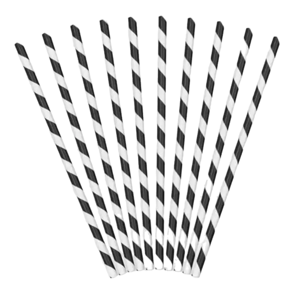 Set of 10 black and white paper straws