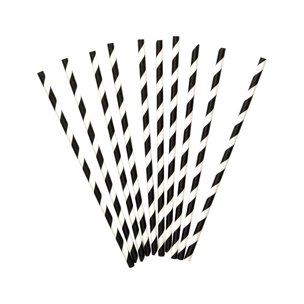 Set of 10 black and white paper straws