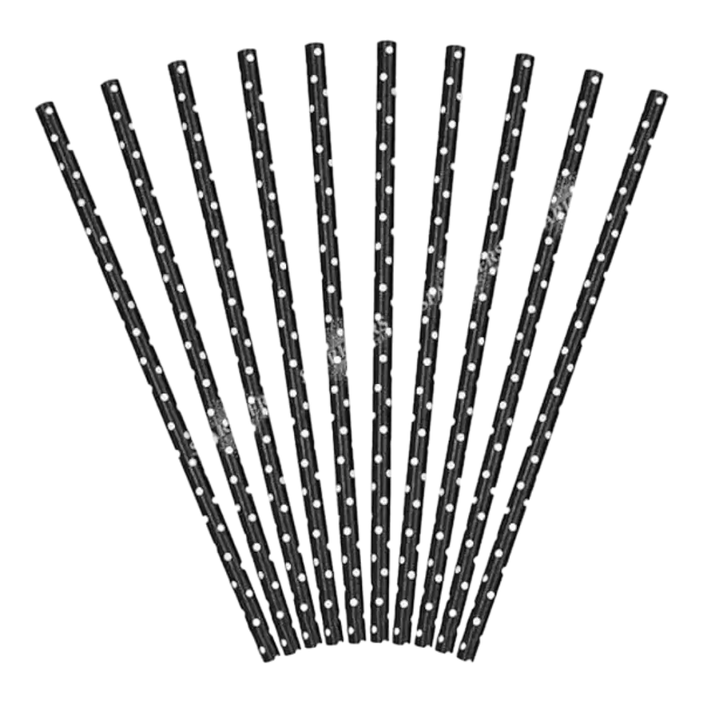 100 Black paper straws with white spots