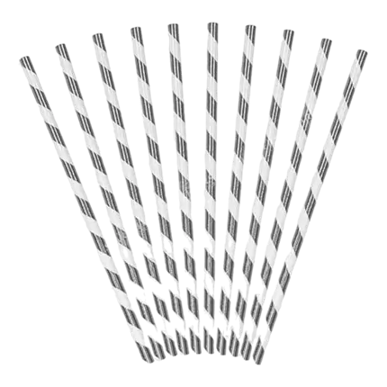 10 Silver paper straws with white stripes