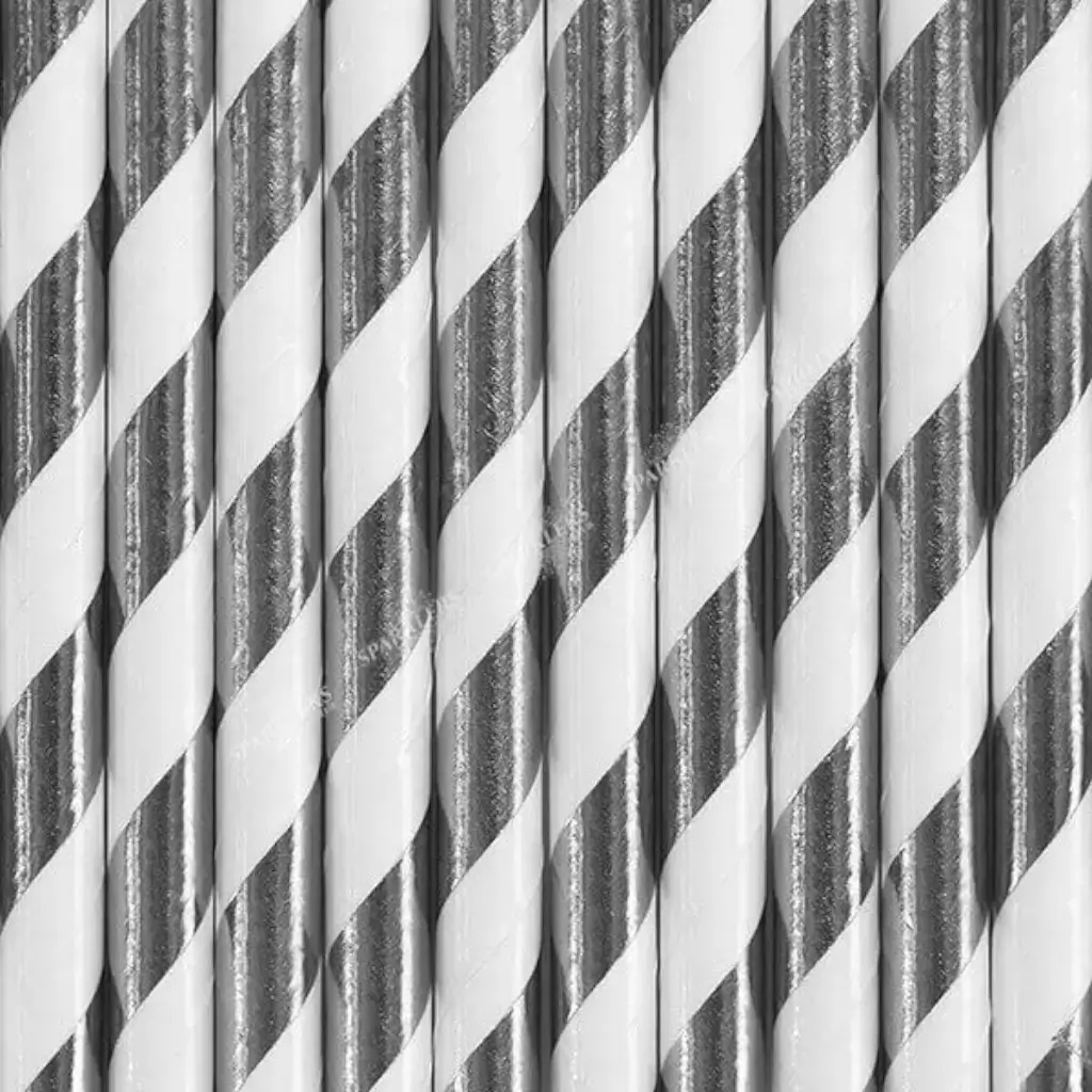 10 Silver paper straws with white stripes