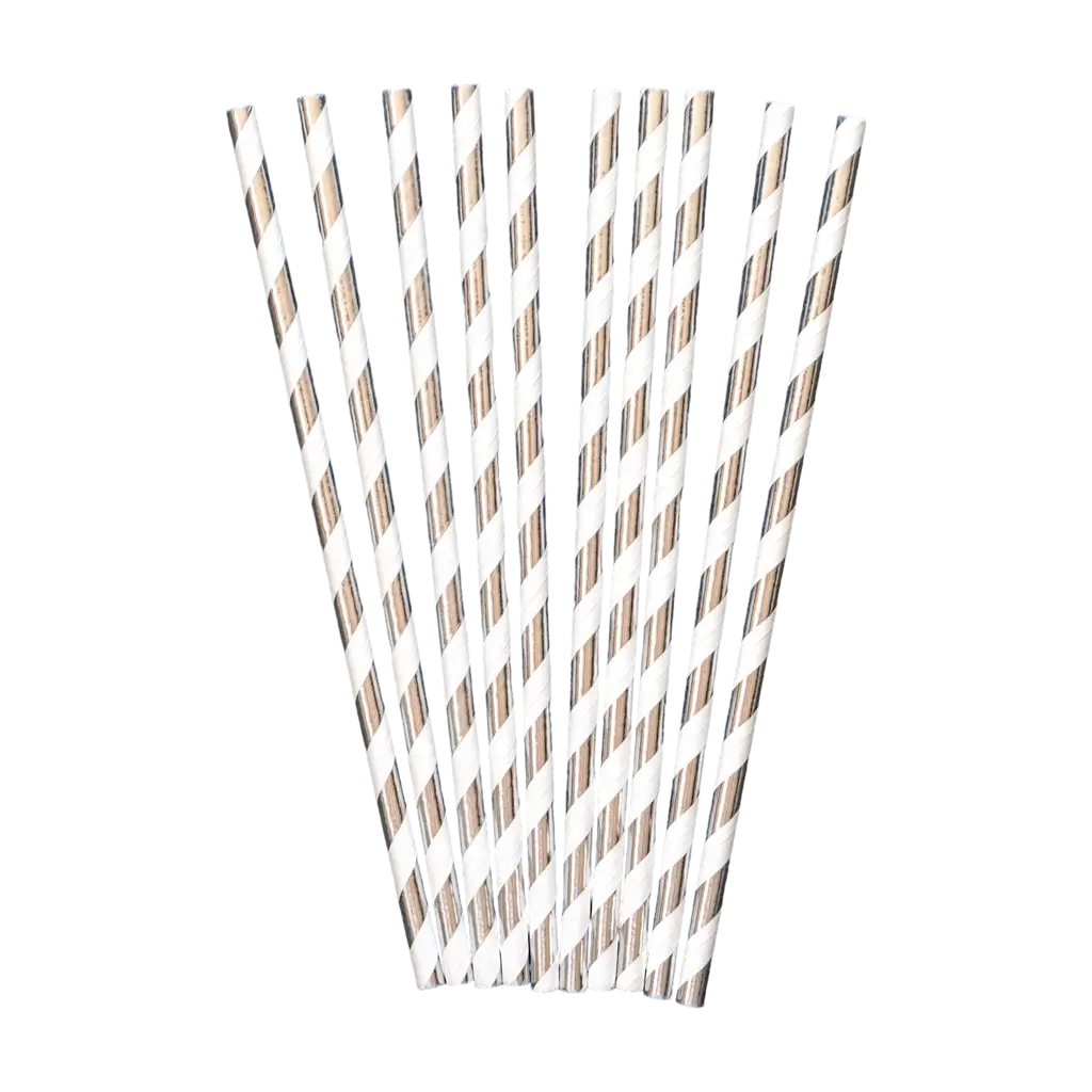 10 Silver paper straws with white stripes