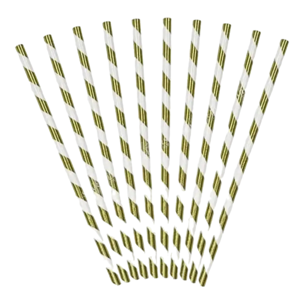 10 Paper straws in gold with white stripes