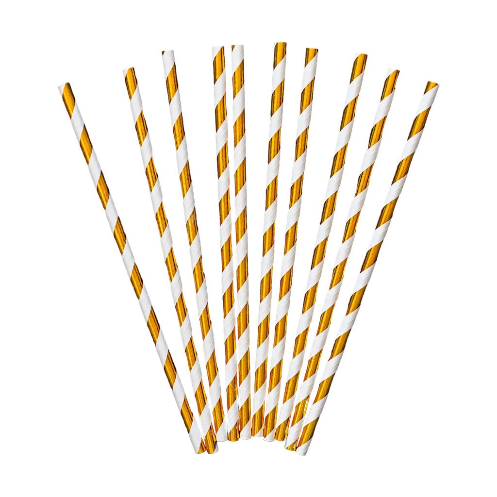 10 Paper straws in gold with white stripes