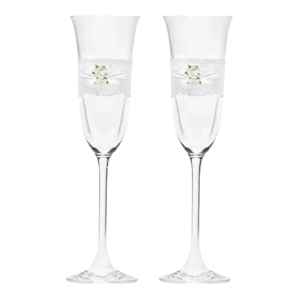 Set of 2 champagne glasses with lace and white rose