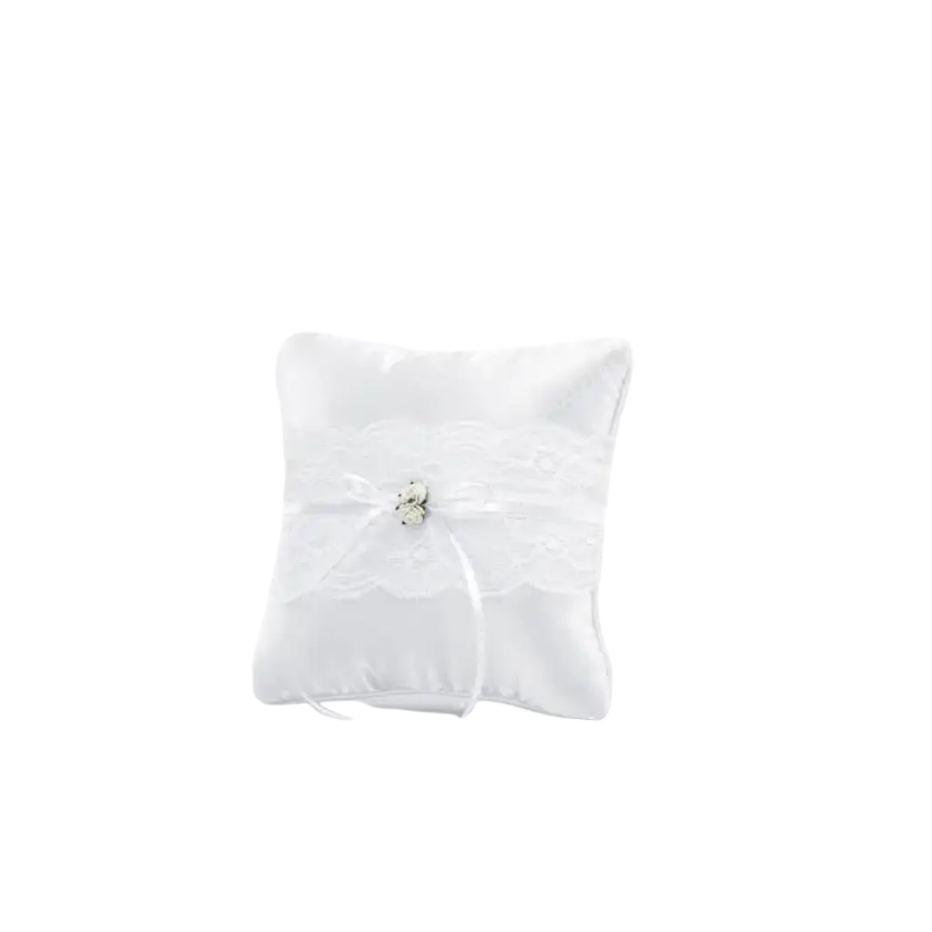 White wedding ring cushion with lace and white roses