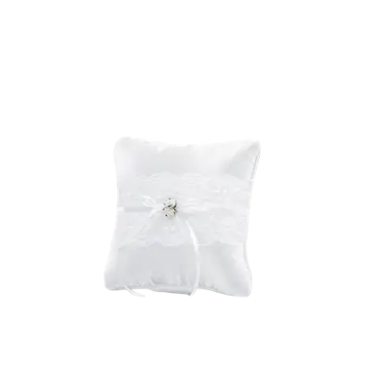 White wedding ring cushion with lace and white roses