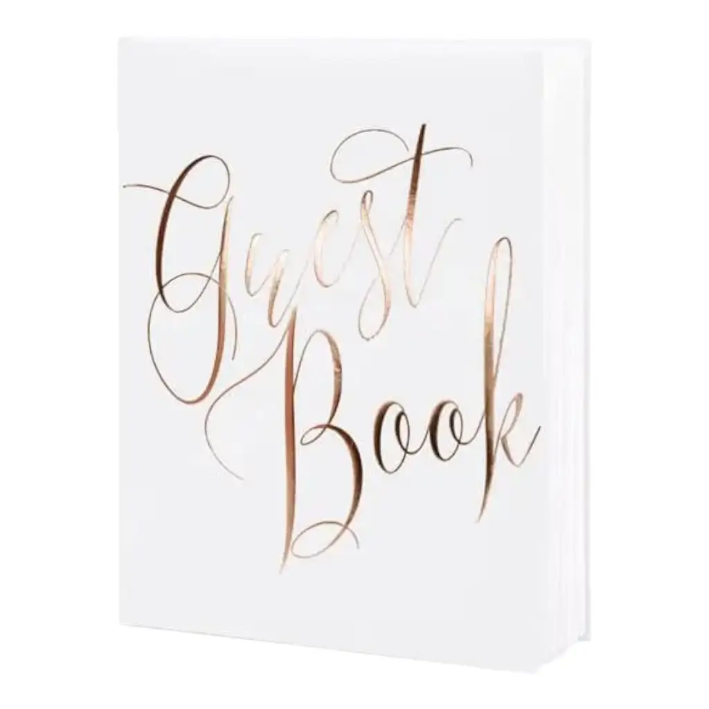 White wedding guestbook with rose gold writing