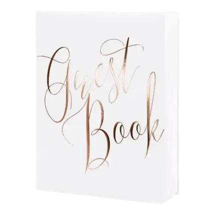 White wedding guestbook with rose gold writing