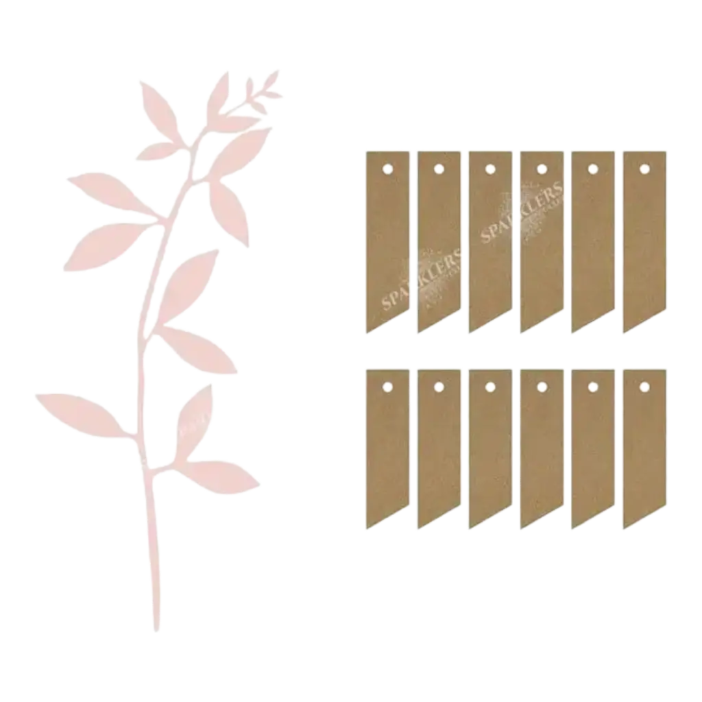 Branch with leaf decoration, powder pink with labels