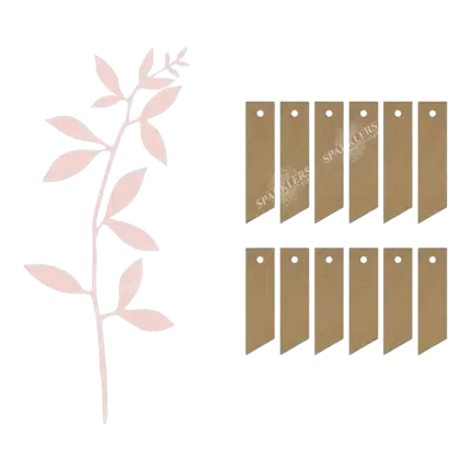 Branch with leaf decoration, powder pink with labels