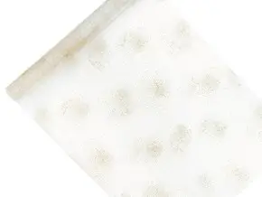 White table runner with gold print, length 9 metres