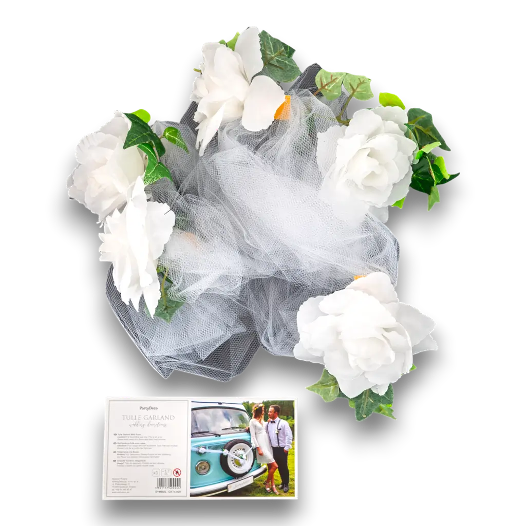 White tulle garland with white roses 1.7 metres