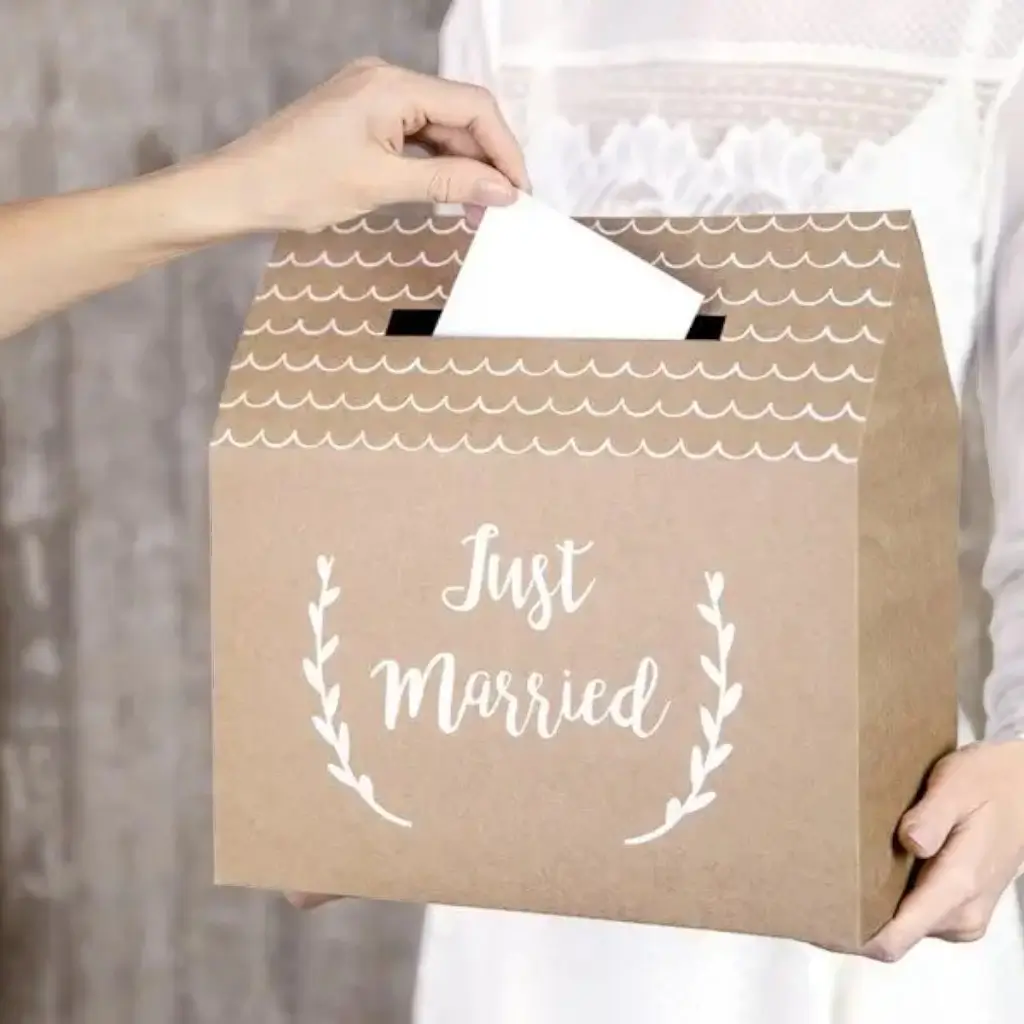 Kraft paper urn with "Just Married" inscription