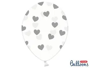 Set of 50 transparent balloons with silver heart design