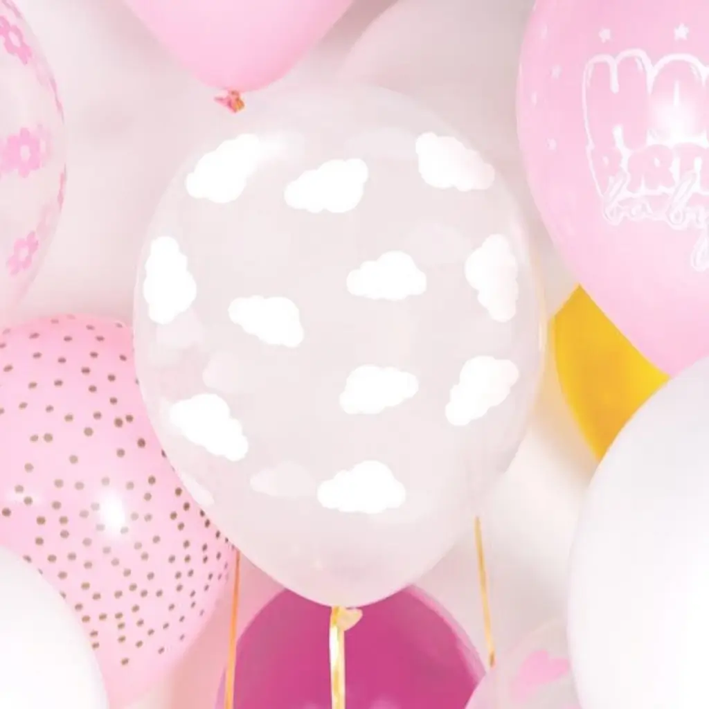 Pack of 50 transparent balloons with white cloud pattern