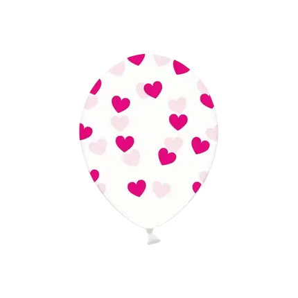 Transparent balloons with fuschia hearts (Set of 6)