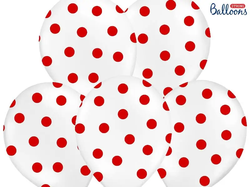 Pack of 10 white balloons with red round patterns