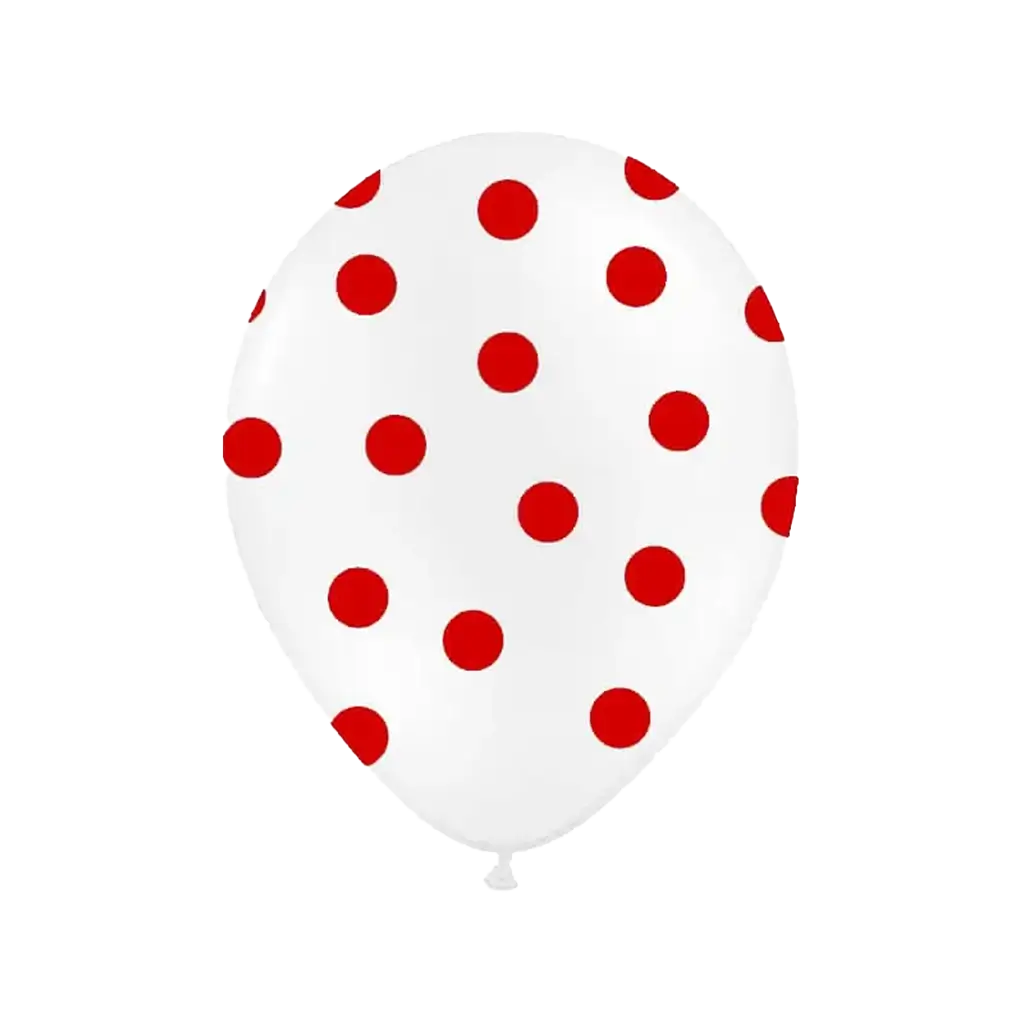 Pack of 10 white balloons with red round patterns