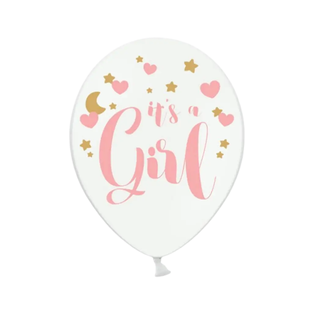 Set of 6 white balloons with "It's a Girl" inscription