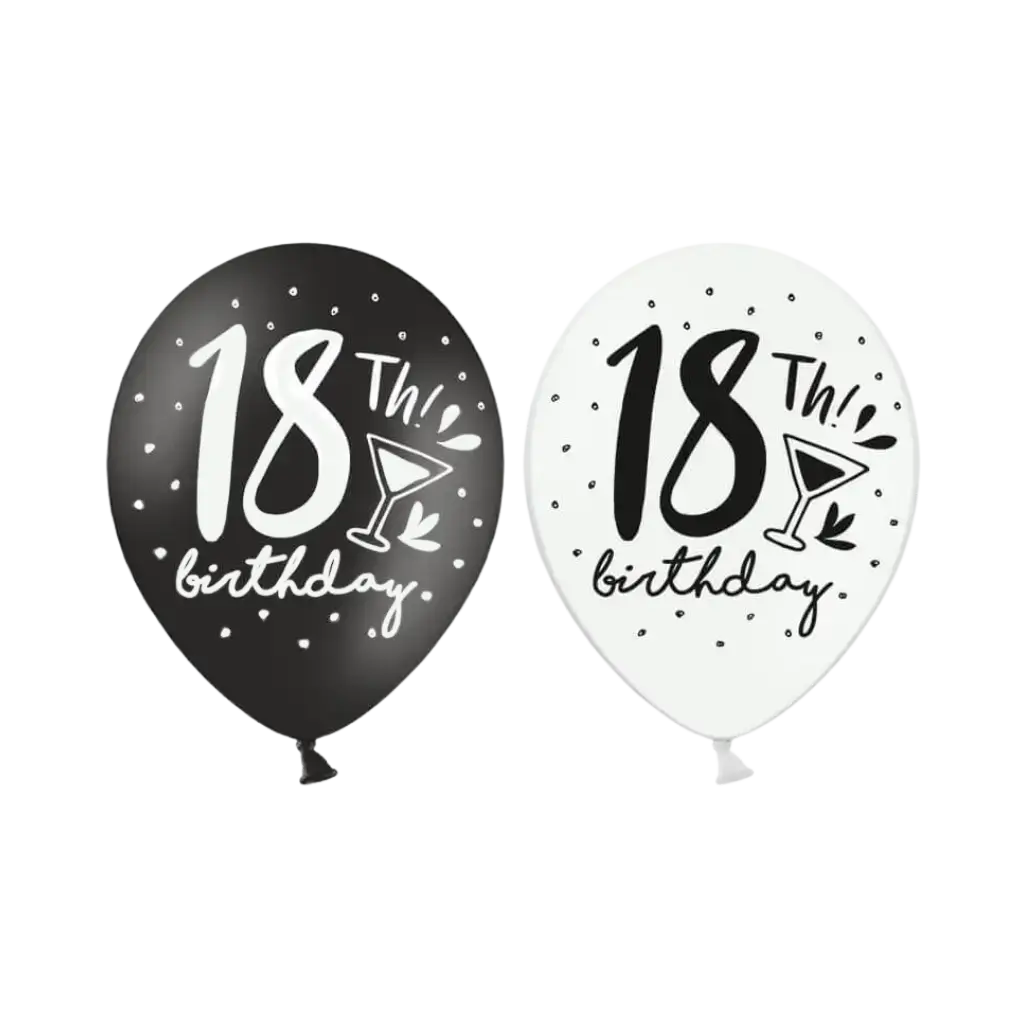 BIRTHDAY 18th" Balloons Black & White (Set of 6)