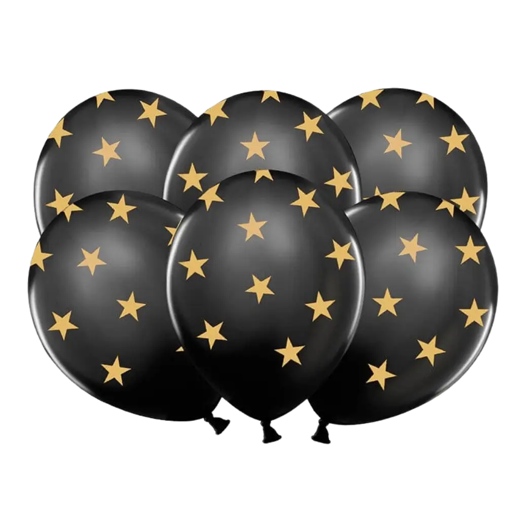 Black balloons with gold star pattern (Set of 6)