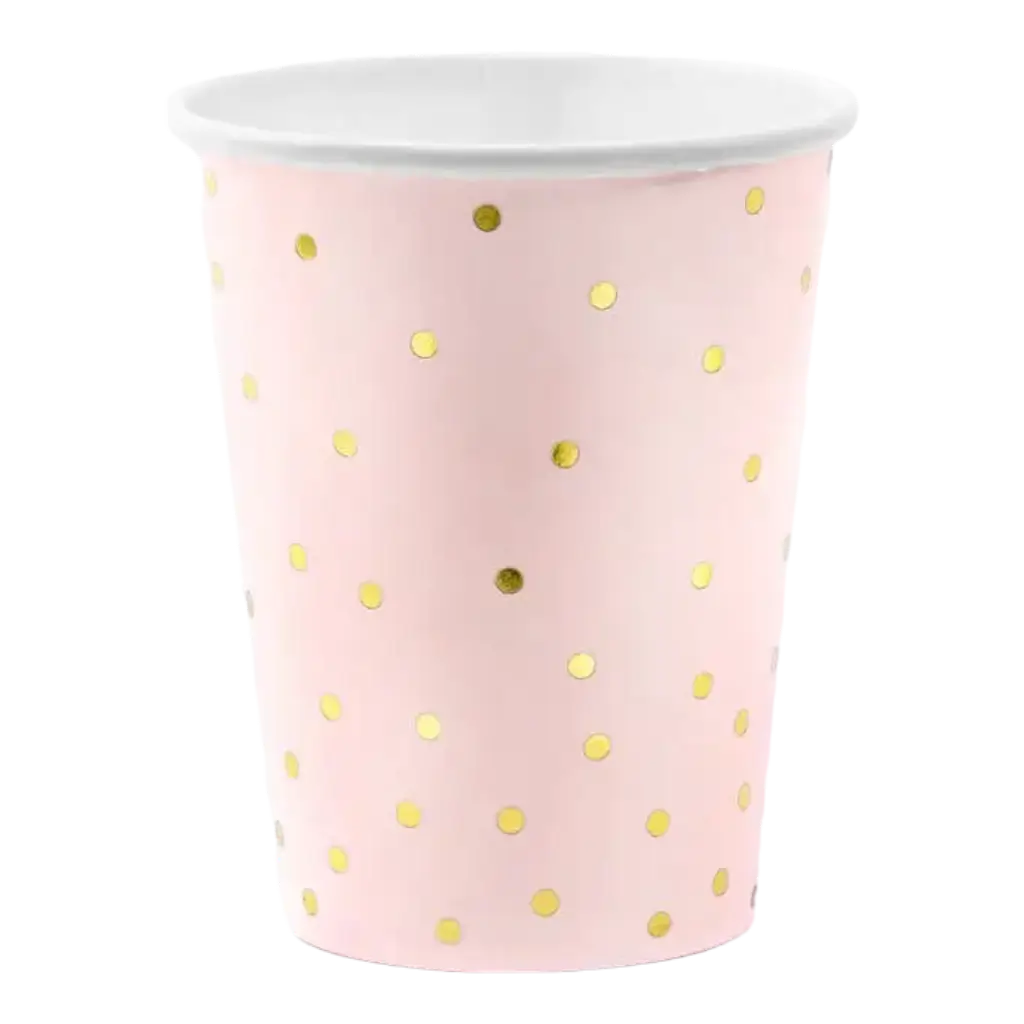 Set of 6 pink paper cups with gold polka dot pattern