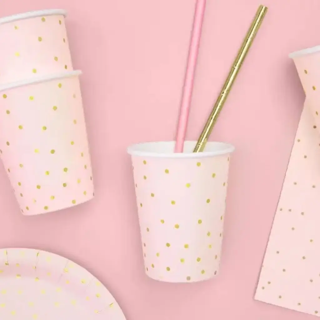 Set of 6 pink paper cups with gold polka dot pattern