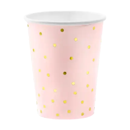 Set of 6 pink paper cups with gold polka dot pattern