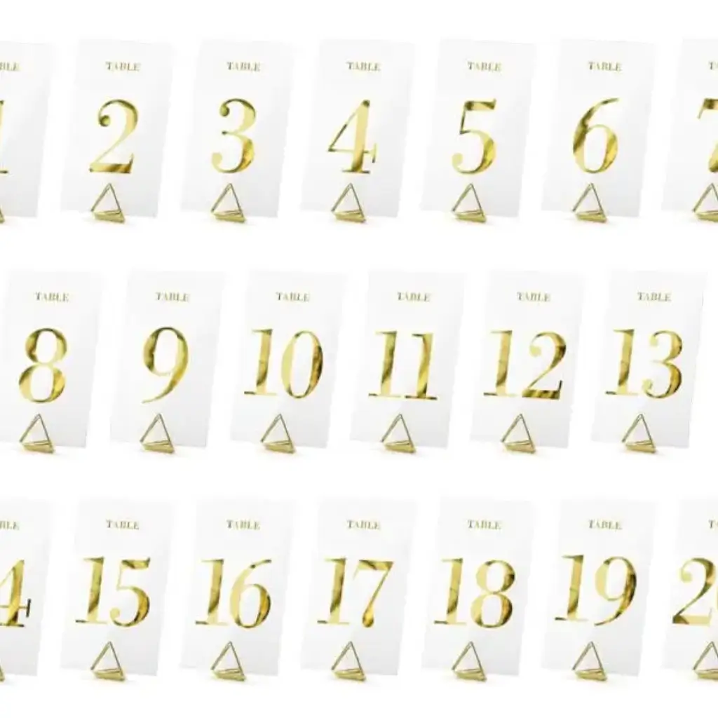 Gold table number on transparent card