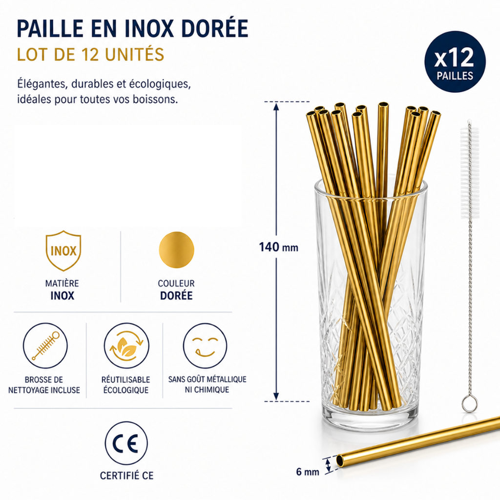 Reusable stainless steel straw Gold 14cm /ø6mm (12pcs)