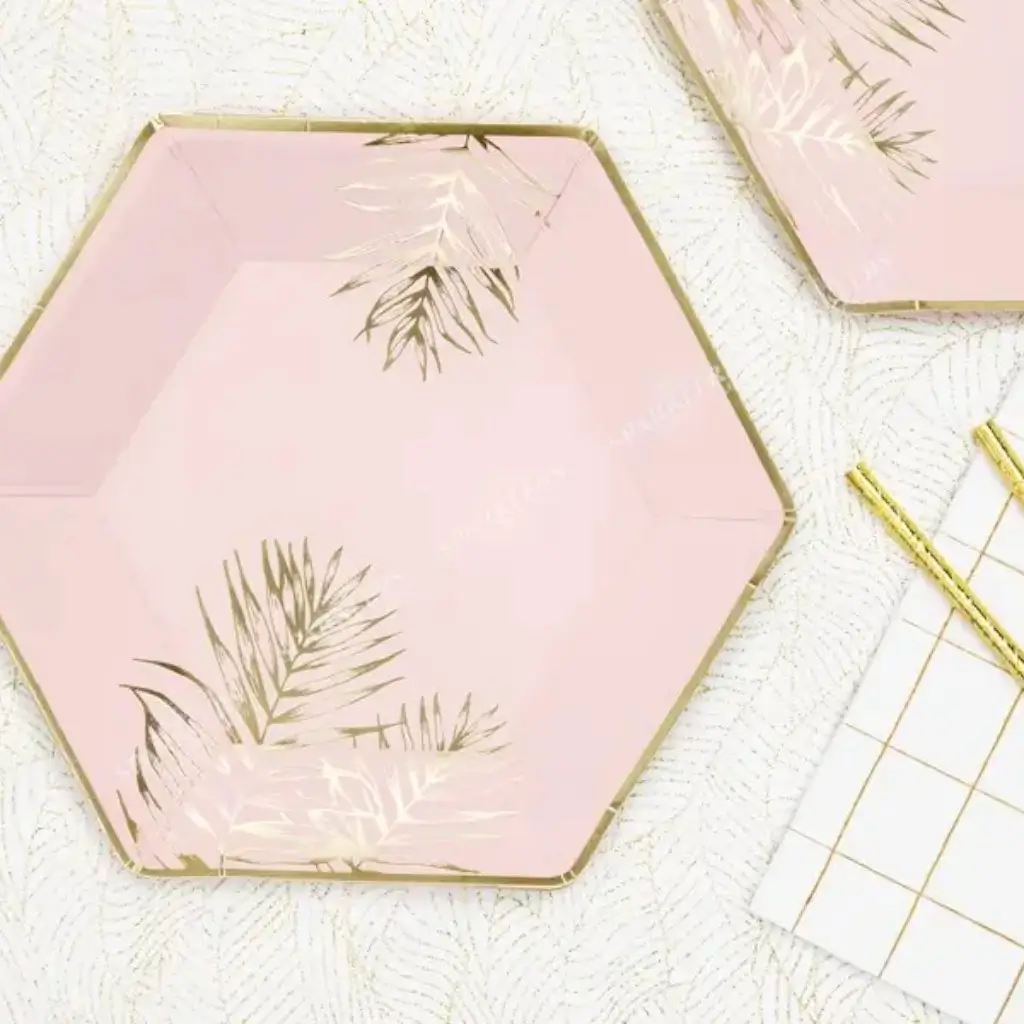 Pink paper plate with gold leaf design (Set of 6)