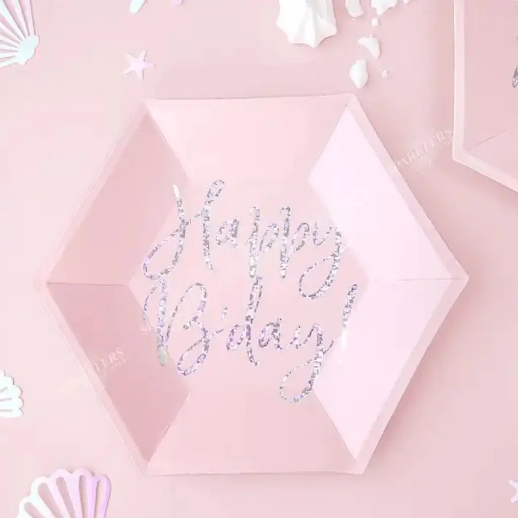 Pink iridescent Happy Birthday paper plate (Set of 6)