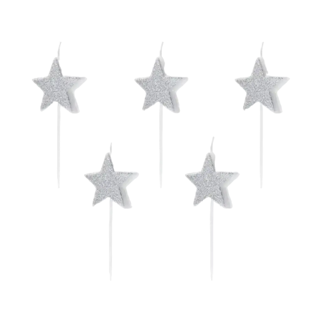 Silver star birthday candles (Set of 5)