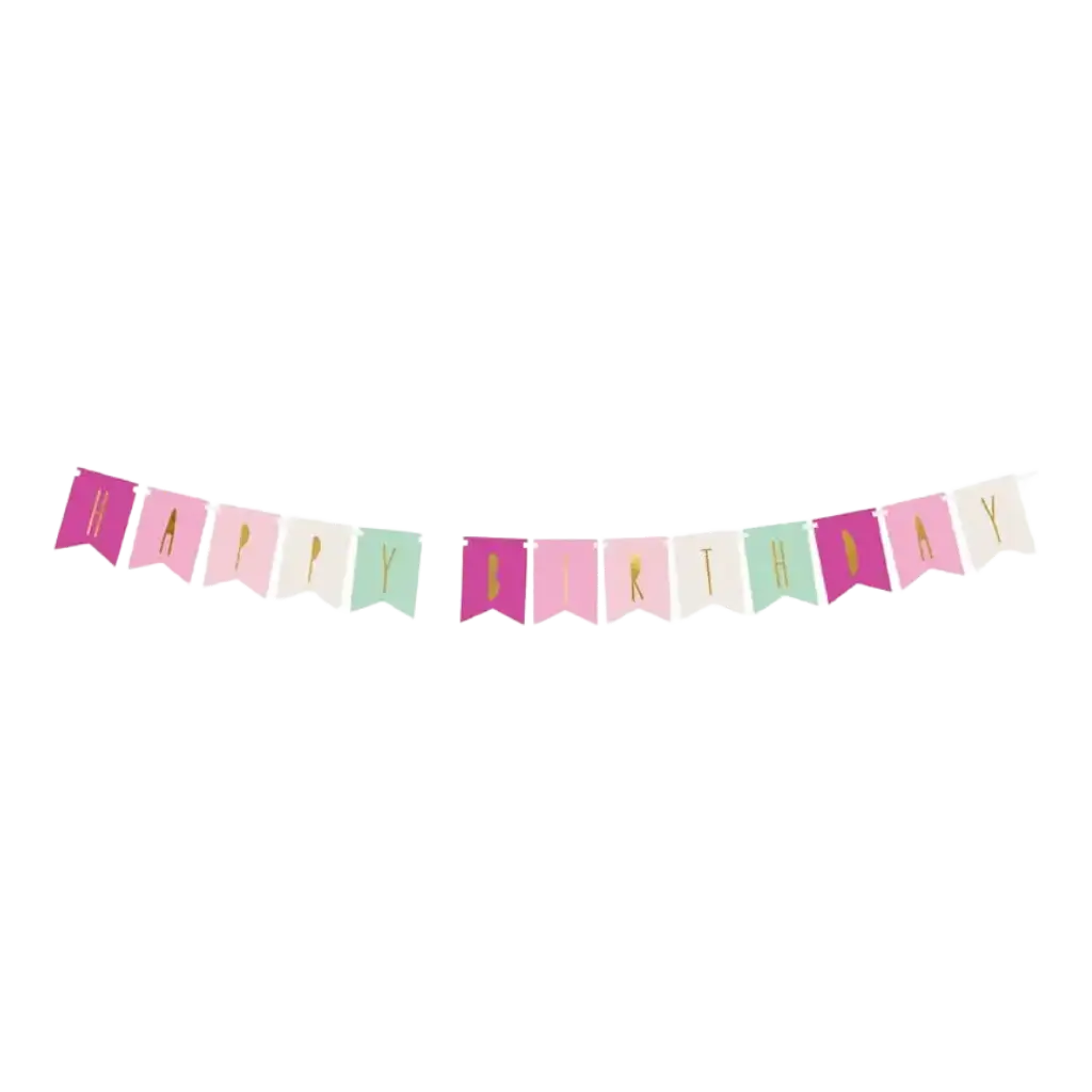 Pink Happy Birthday garland with gold inscription