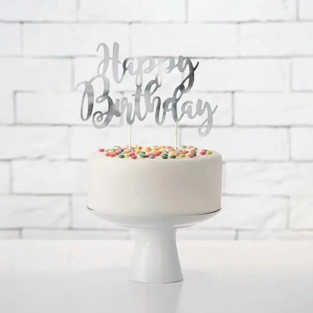Happy Birthday cake decoration silver