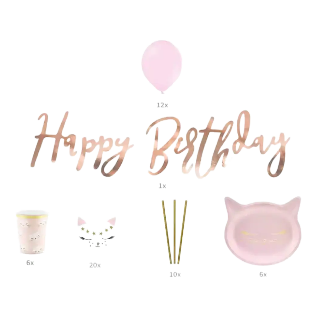 Pink & Gold Cat themed birthday decoration kit
