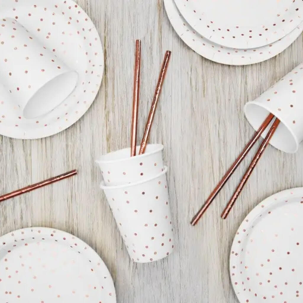 White paper plate with Rose Gold dots (Set of 6)