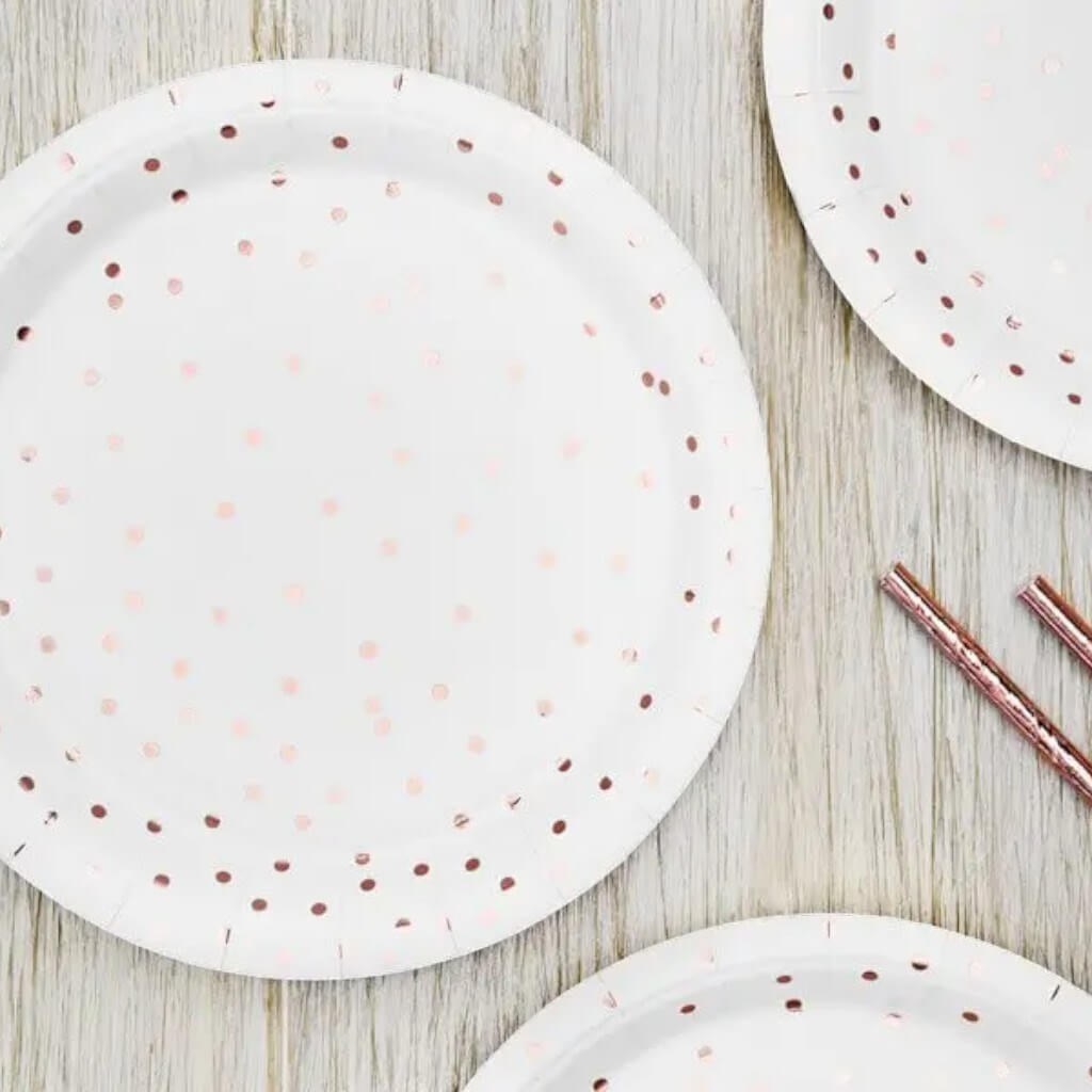 White paper plate with Rose Gold dots (Set of 6)