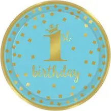 Paper plate 1st Birthday blue and gold ø23cm (Set of 8)
