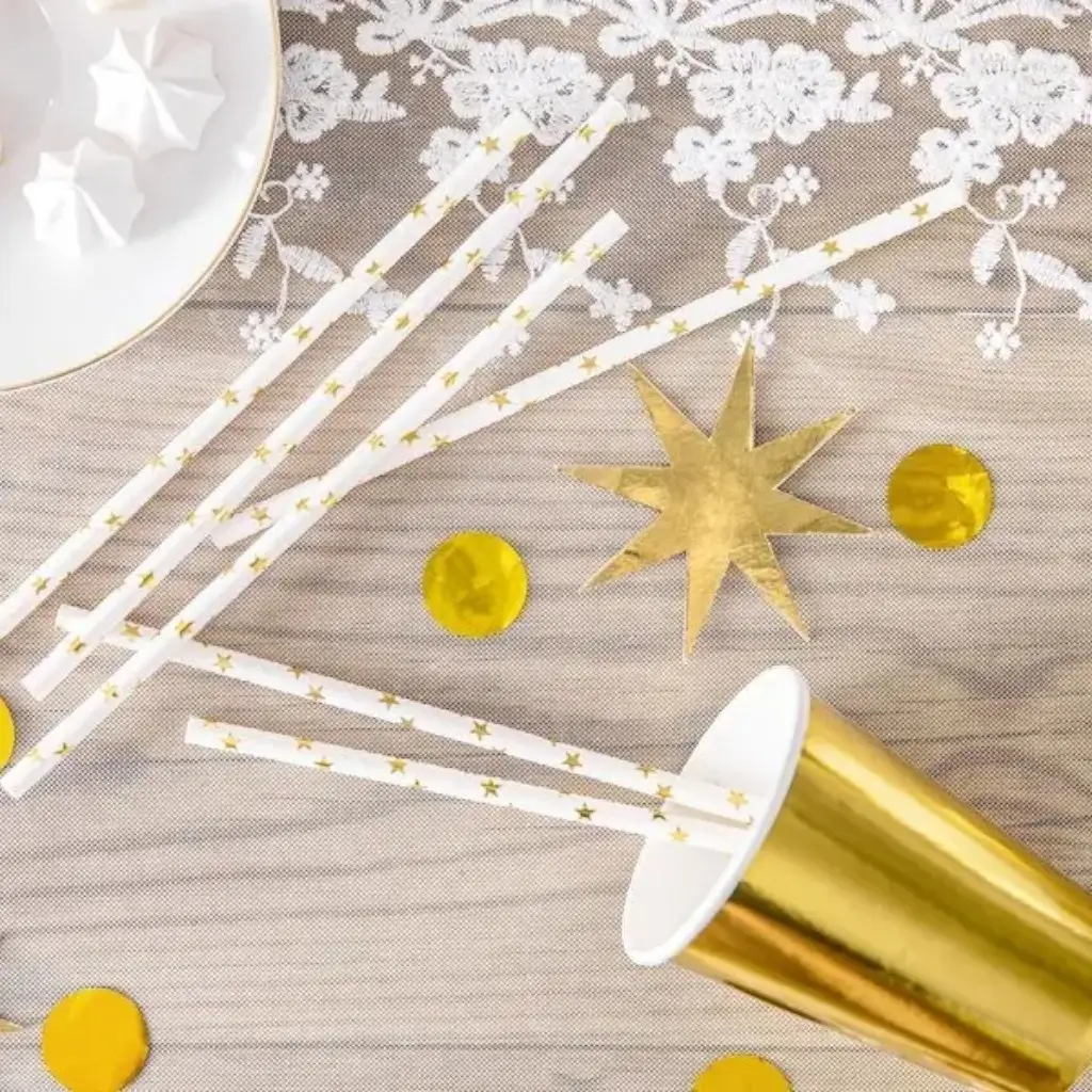 White paper straw with gold star (set of 10)