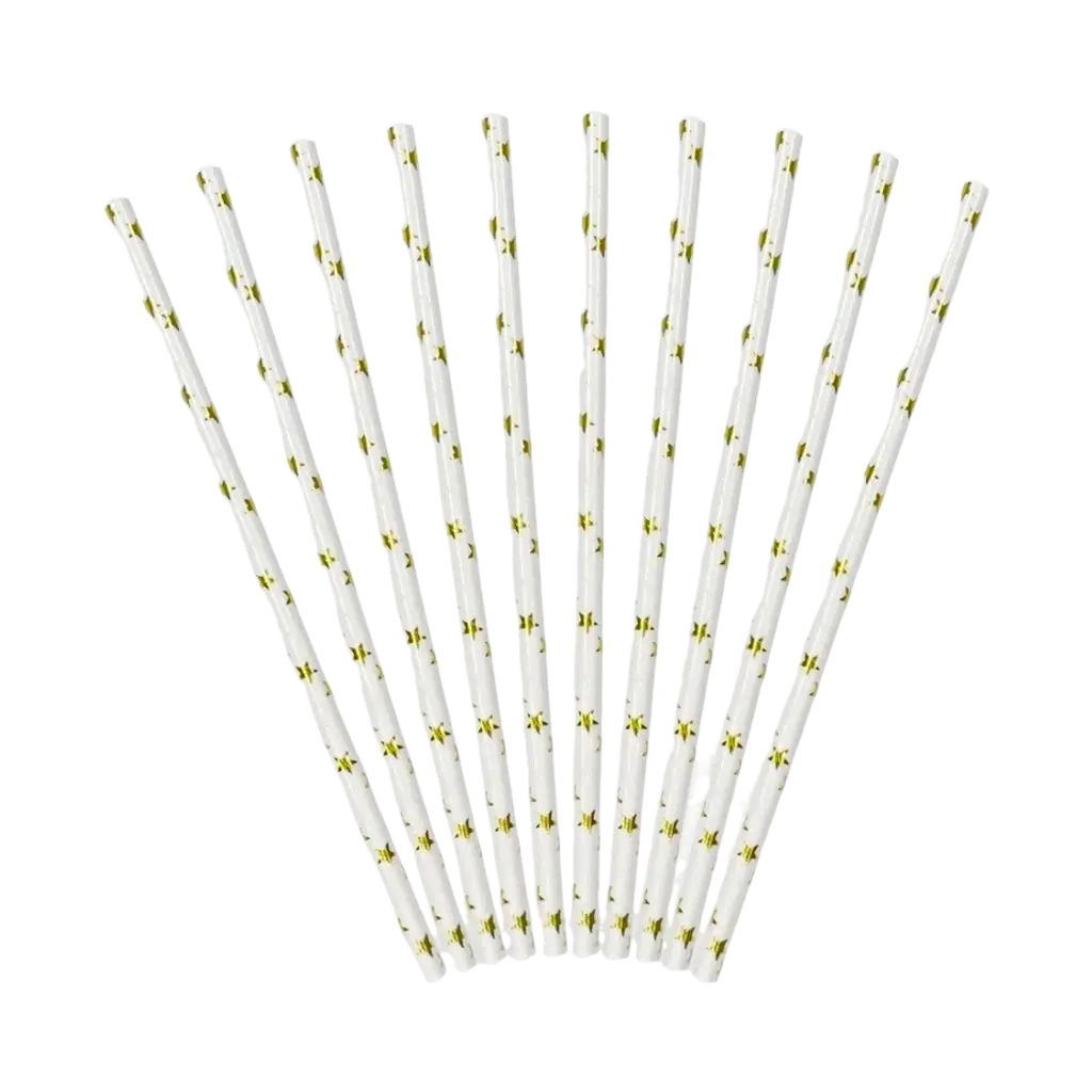 White paper straw with gold star (set of 10)