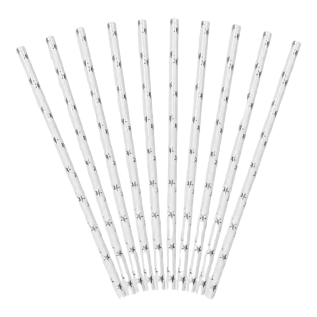 White paper straw with silver star (set of 10)