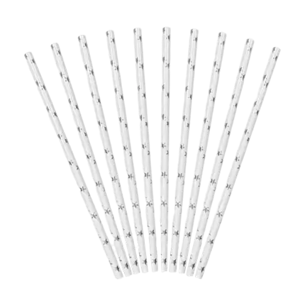White paper straw with silver star (set of 10)
