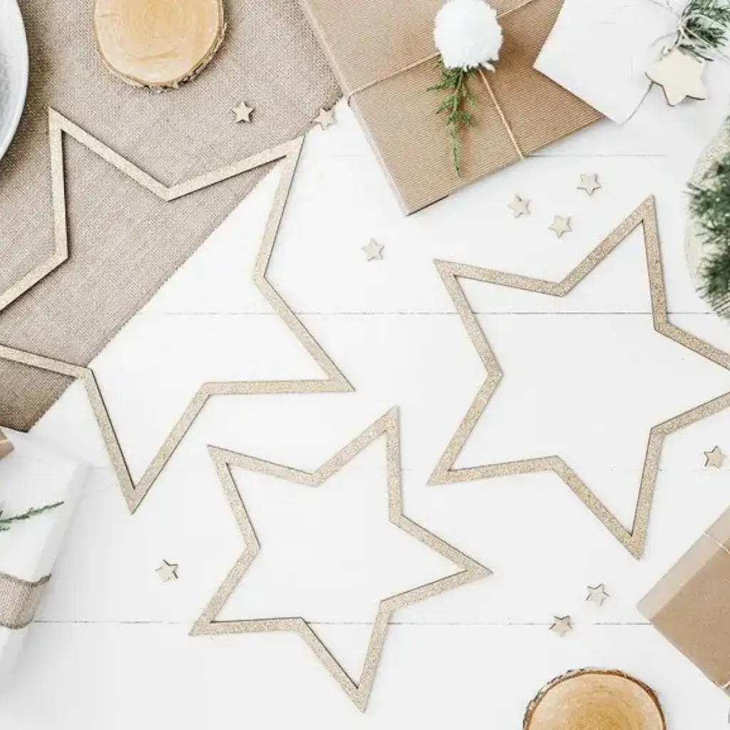 Wooden decoration star glitter gold (3 pieces)