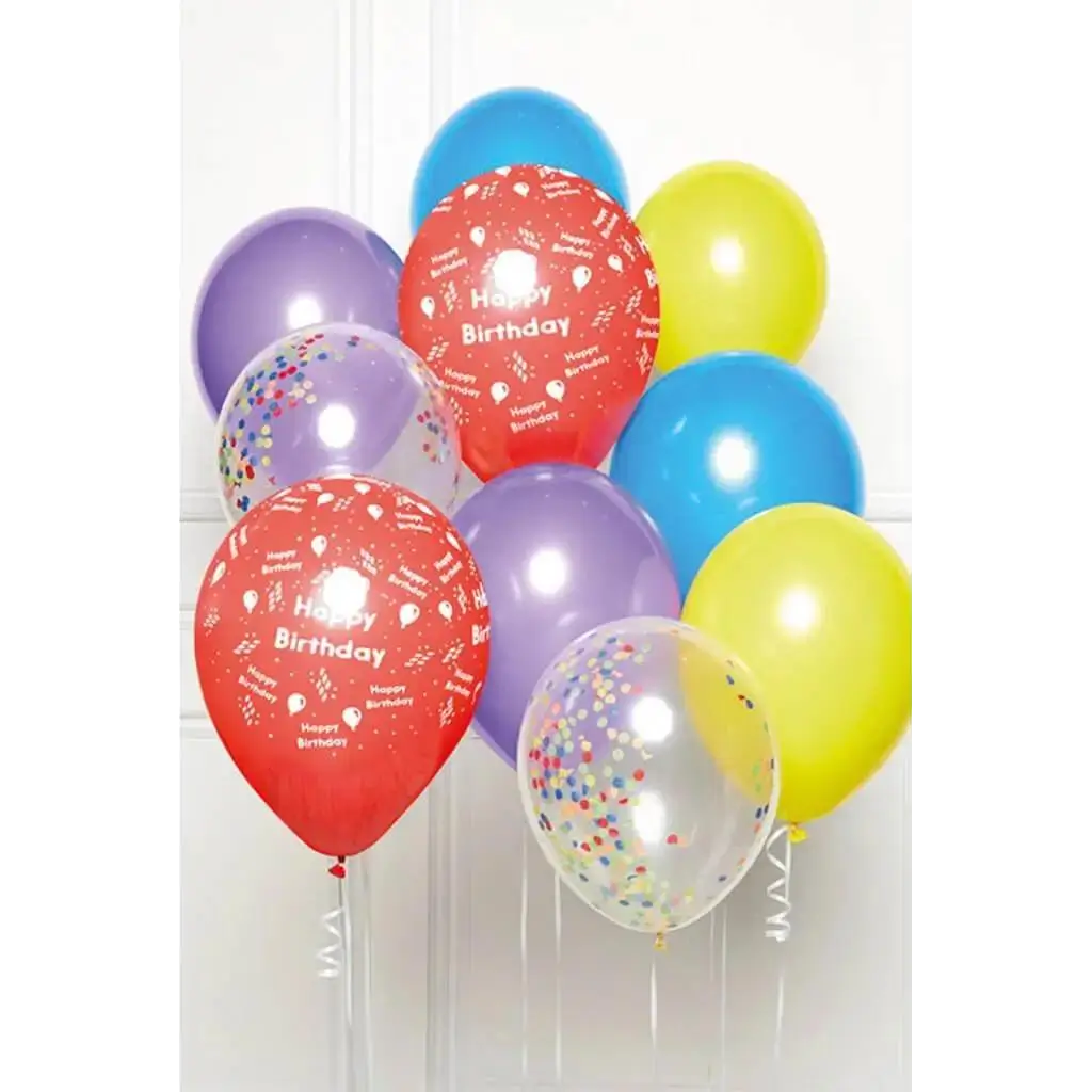 Bunch of 10 multicoloured Happy Birthday balloons