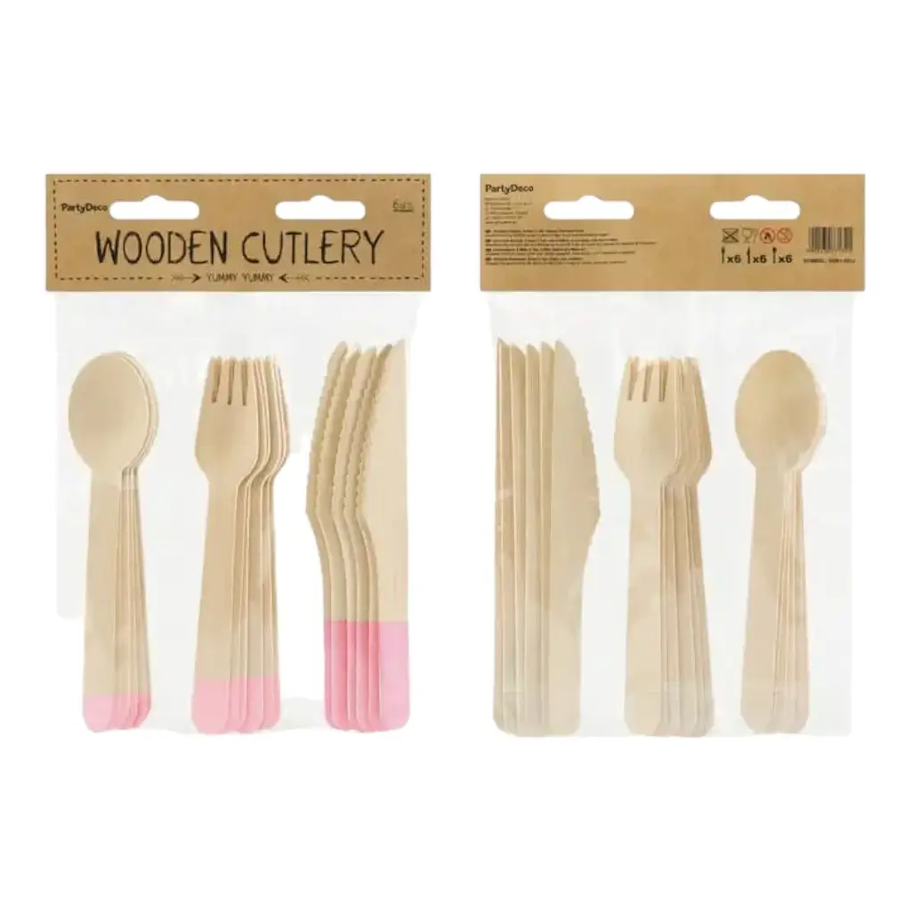 Pink printed wooden cutlery set (18pcs)