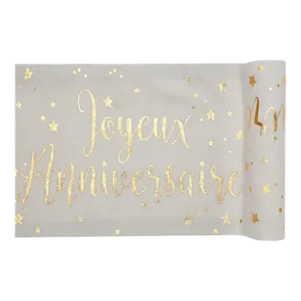 Happy Birthday table runner White/Gold 3 metres