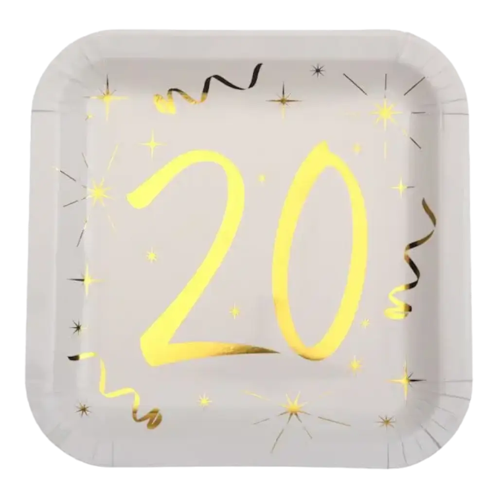 Square plate White/Gold 20 years (Set of 10)